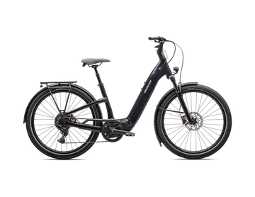 Musta Specialized Como 4.0 -sähköpyörä sivunäkymä matalalla rungolla