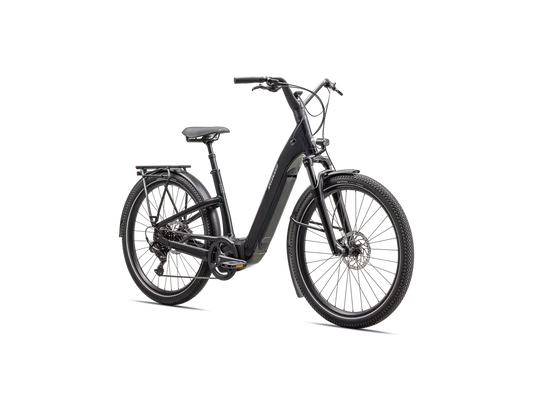 Musta Specialized Como 4.0 -sähköpyörä profiilinäkymä kantokorilla
