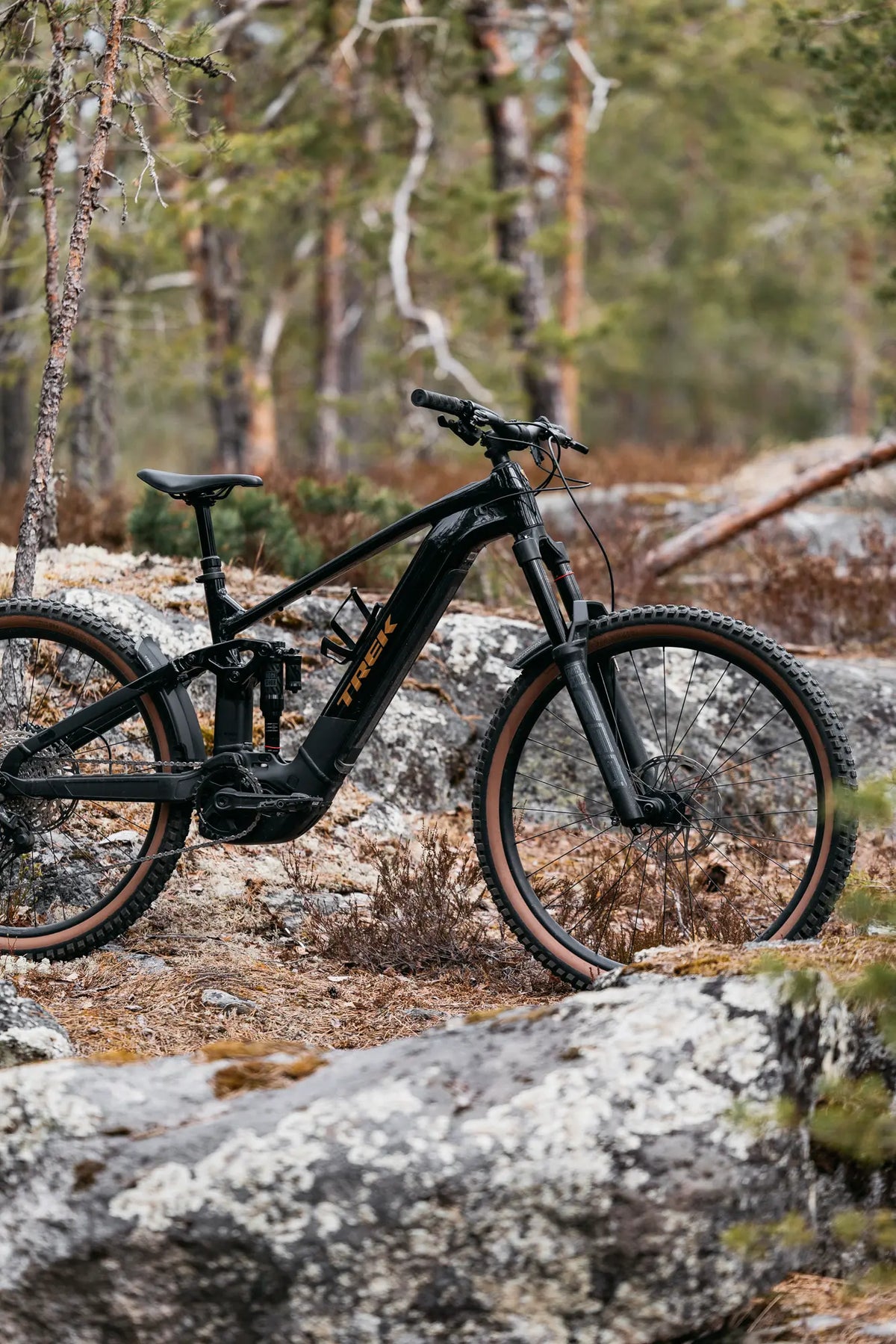 Trek Rail+ 8 musta alumiinirunkoinen sähköpyörä luonnossa